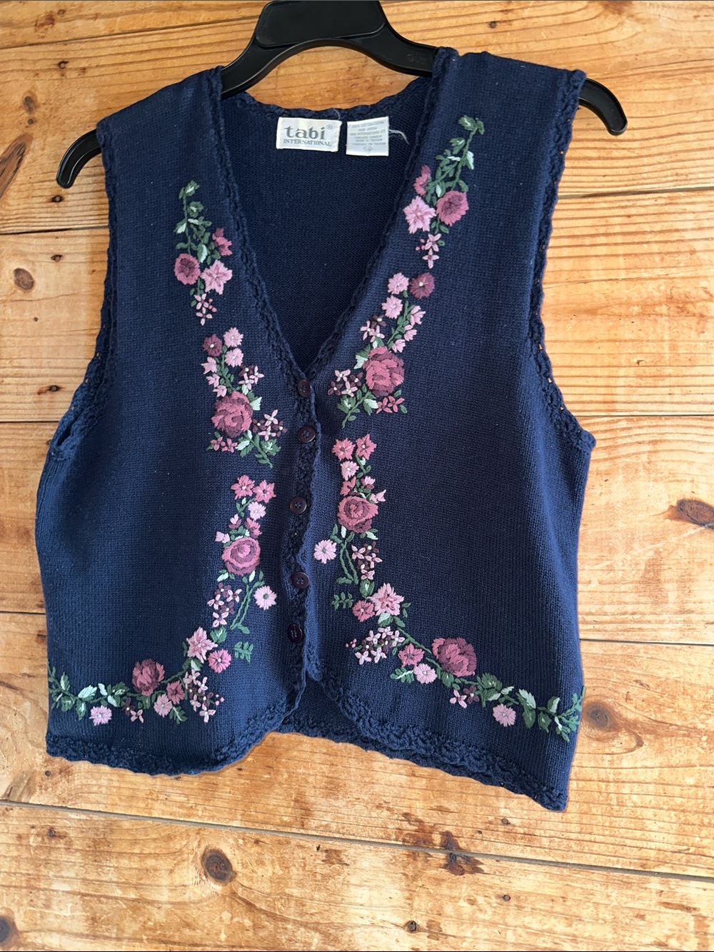 tabi Navy Floral Embroidered Button Vest